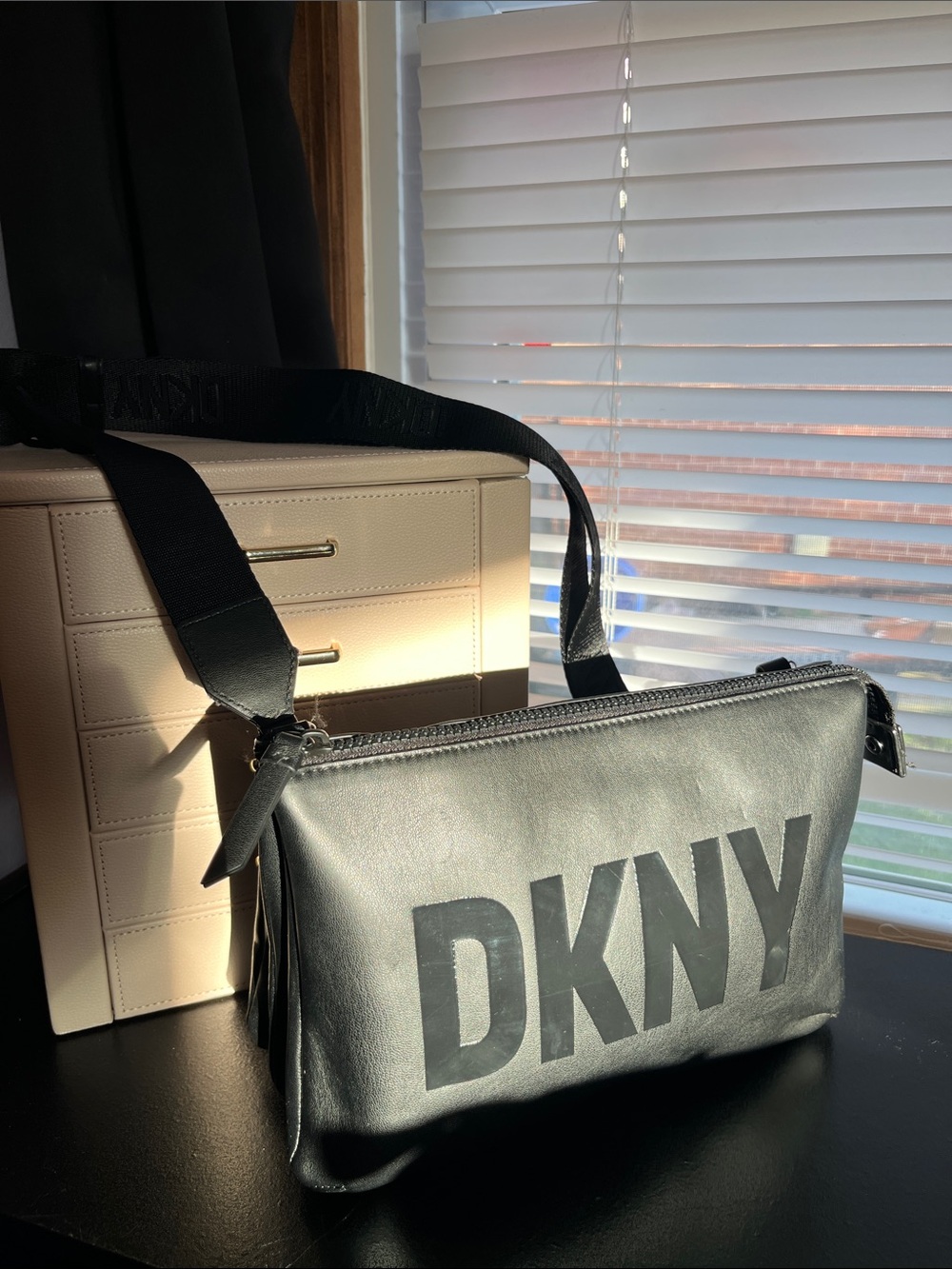 DKNY Black Leather Crossbody Logo Bag